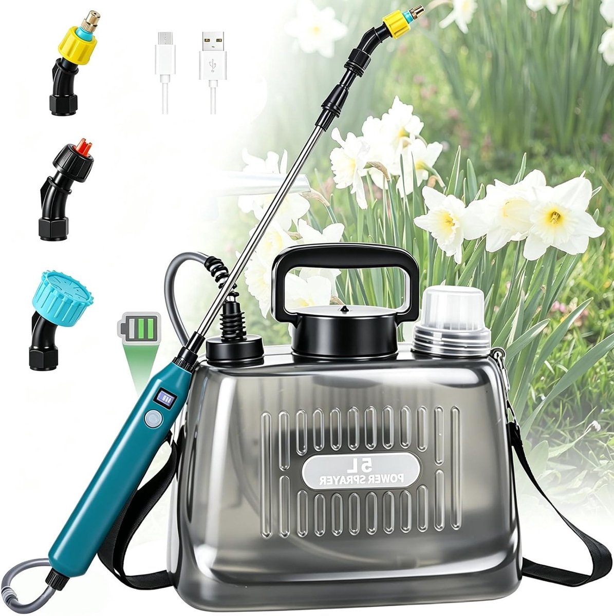 Elektrische Drukspuit voor Tuin en Auto, 5L Tank, 3 Vernevelmonden, Telescopische Lans en Batterijniveau Indicator