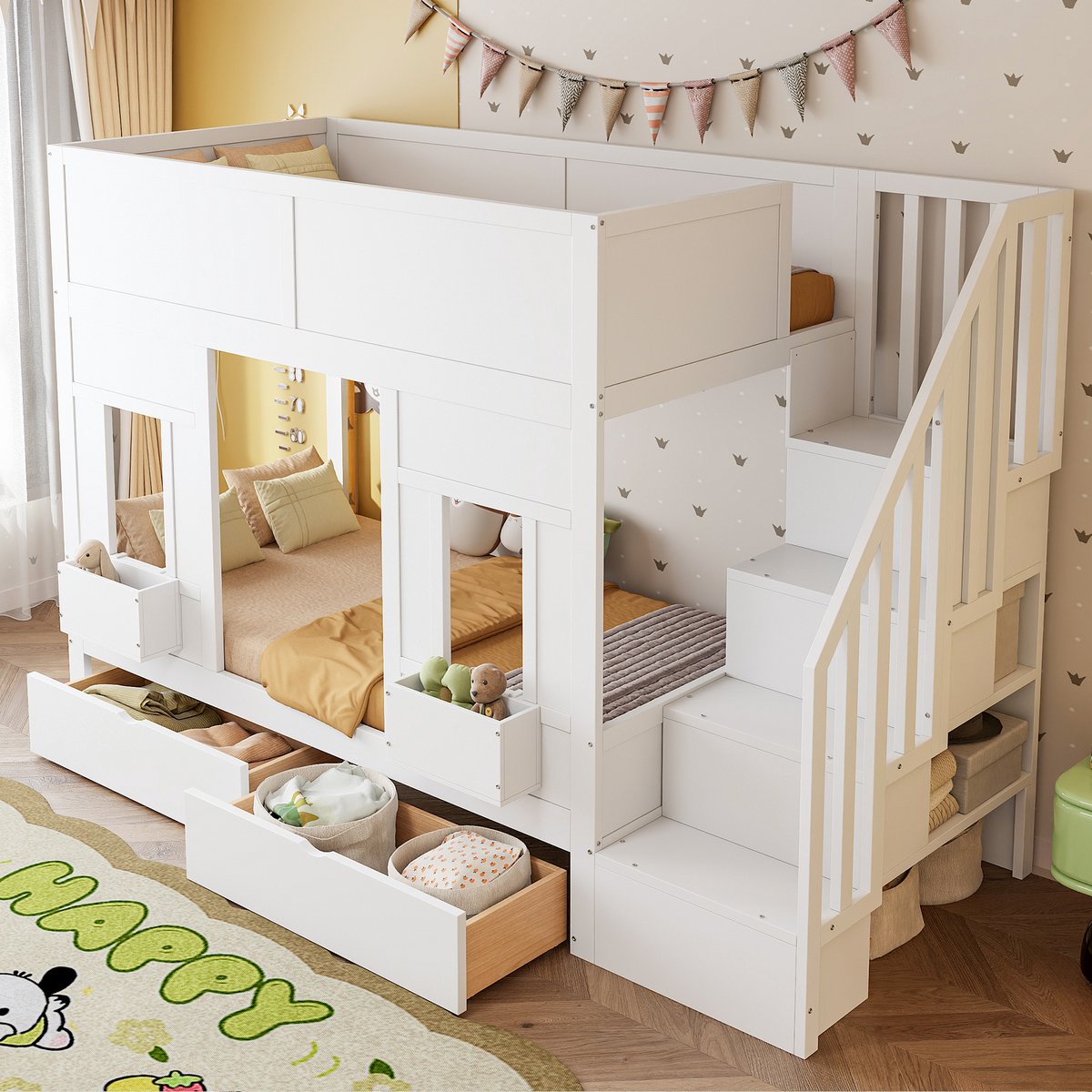 Stapelbed 90x200 cm - kinderbed met opbergtrap en 2 lades - huisbed met raamdesign - veiligheidshek - wit