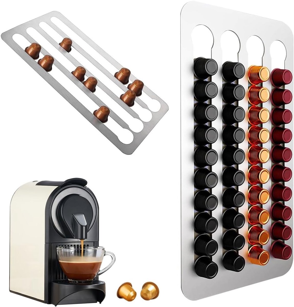 Opslag voor Koffiecapsules - Wandhouder voor 40 Capsules van RVS met 3m Plakstrip - Capsule Stand met 4 Rijen voor Nespresso Koffiecapsules Zonder Boren