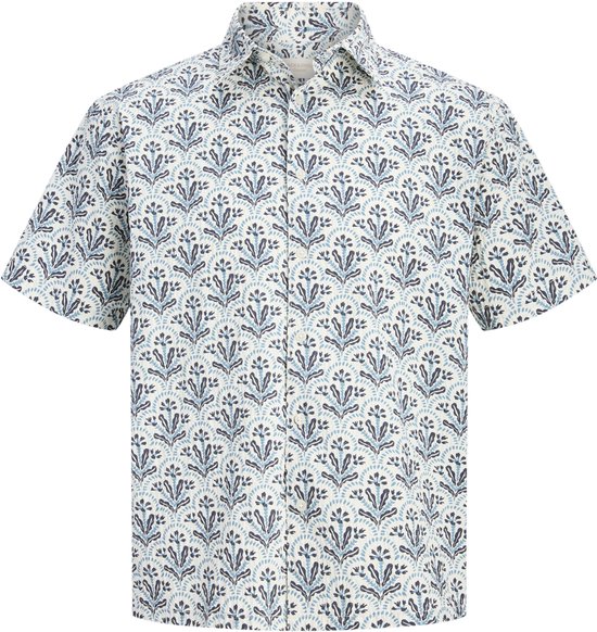 Wit kortärmig overhemd met een all-over print van blauwe en grijze bloemen.