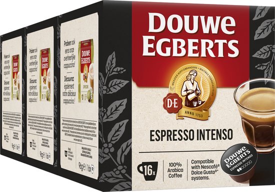 Douwe Egberts Espresso Intenso verpakking, met 3 kleine verpakkingen aan de linkerkant. Rechts een glas espresso.