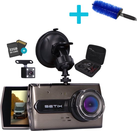 Setix Dashcam Go + Autowielborstel - Voor en Achter Camera – Inclusief 32GB SD kaart - Full HD 1080P Resolutie – Met Opbergcase tegen Diefstal - Nachtzicht – Plug & Play - Parkeermodus - 170 Graden Kijkhoek – Loop Recording – 2026 Auto Camera