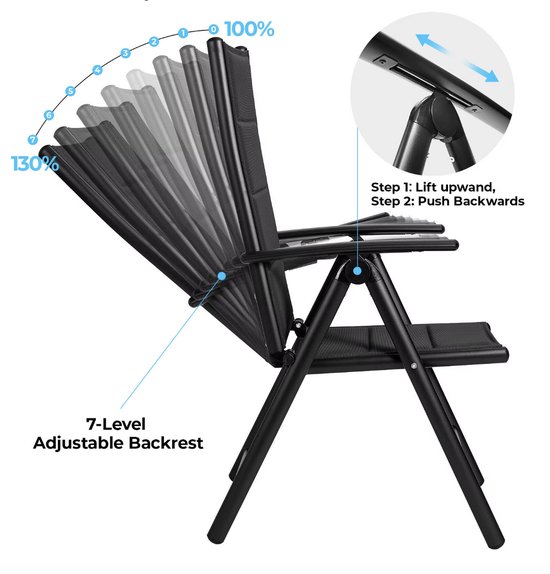 J&R Set van 2 tuinstoelen - Klapstoelen opvouwbaar - 7-Standen verstelbaar - Aluminium - Volledig Zwart — afbeelding 5