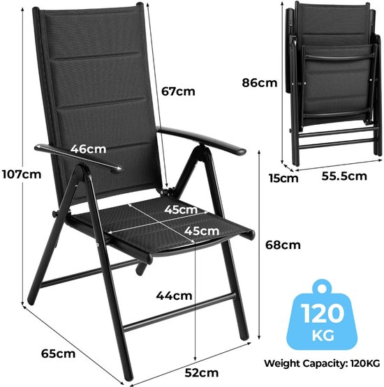 J&R Set van 2 tuinstoelen - Klapstoelen opvouwbaar - 7-Standen verstelbaar - Aluminium - Volledig Zwart — afbeelding 2