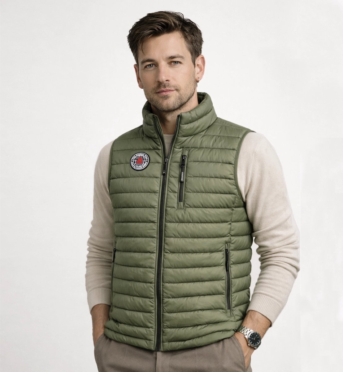 Lizzard Sports Heren Bodywarmer Lichtgewicht Gewatteerd met Rits & Borstzak LZ-KT-105 Keytag Edition Olijf