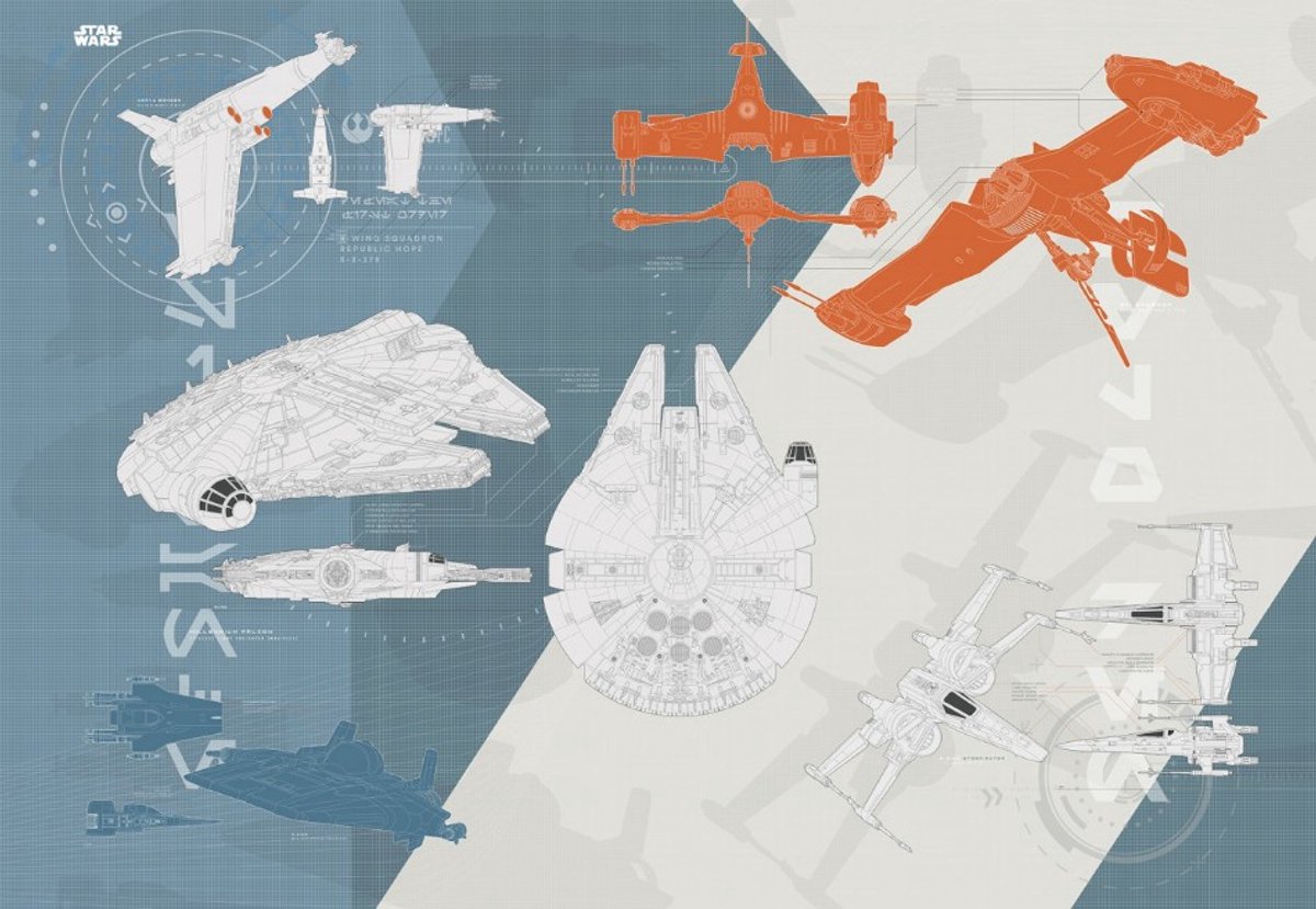 Fotobehang Star Wars - Ruimteschip - technische tekening - blauwprint - De Millennium Falcon - blauw - oranje - fotowand - 368 x 254 cm - Komar Disney 4