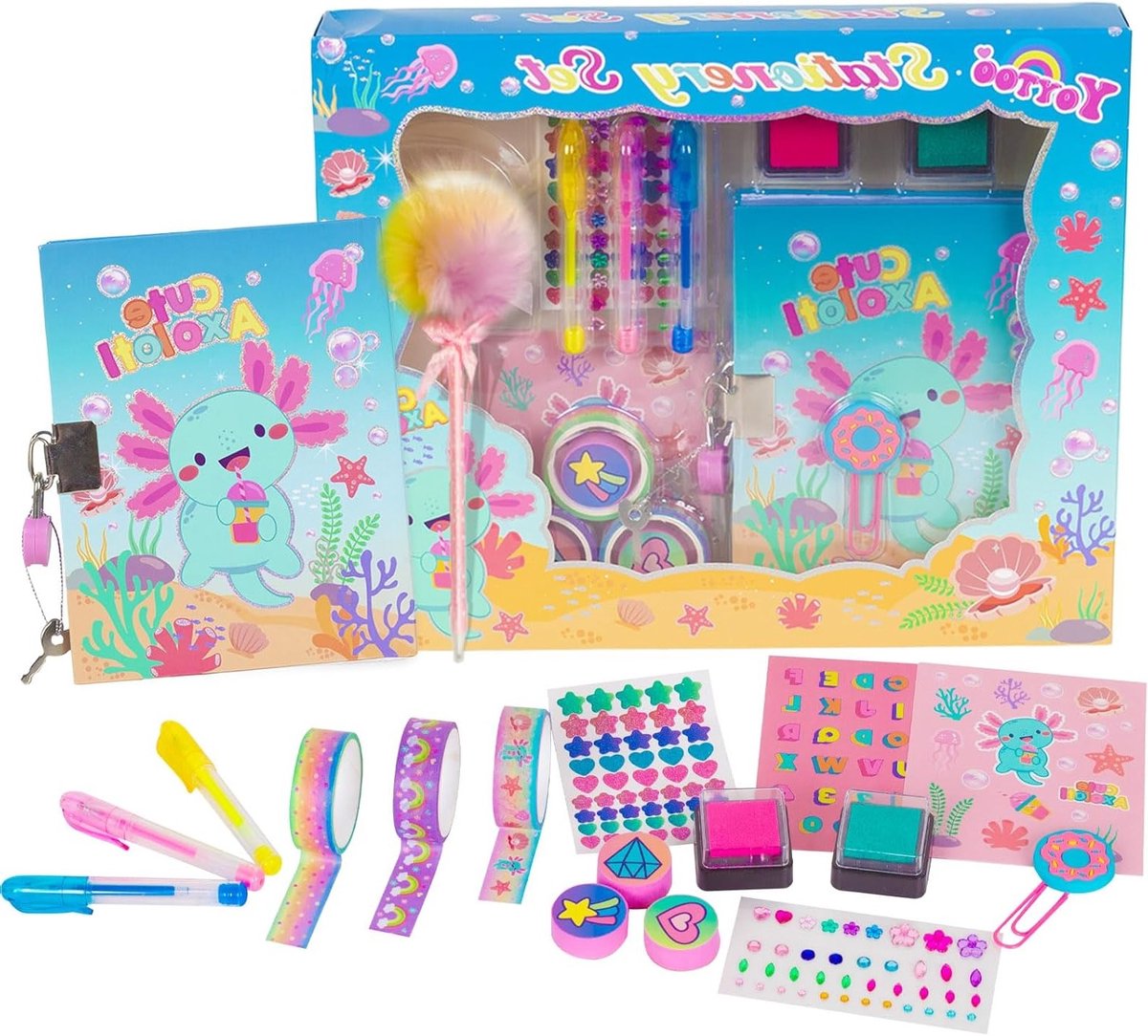Leuk Cadeau voor Meisjes met Slot en Sleutels, Stationery Set met Dagboek, Pompons, Stempels en Stickers, Perfect Verjaardagscadeau voor Meisjes van 4 tot 12 Jaar