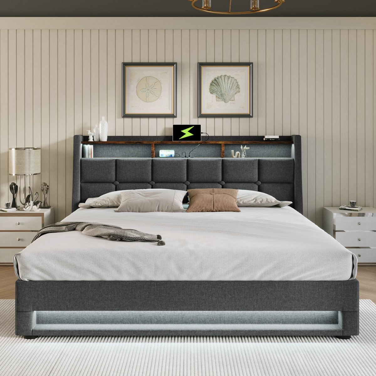 VVBV Tweepersoonsbed 140x200 / Gestoffeerd bed – Zonder Matras – met LED-Verlichting, USB, Lattenbodem – Tienerbed – Linnen – Grijs – Tienerbed 140x200 Grey