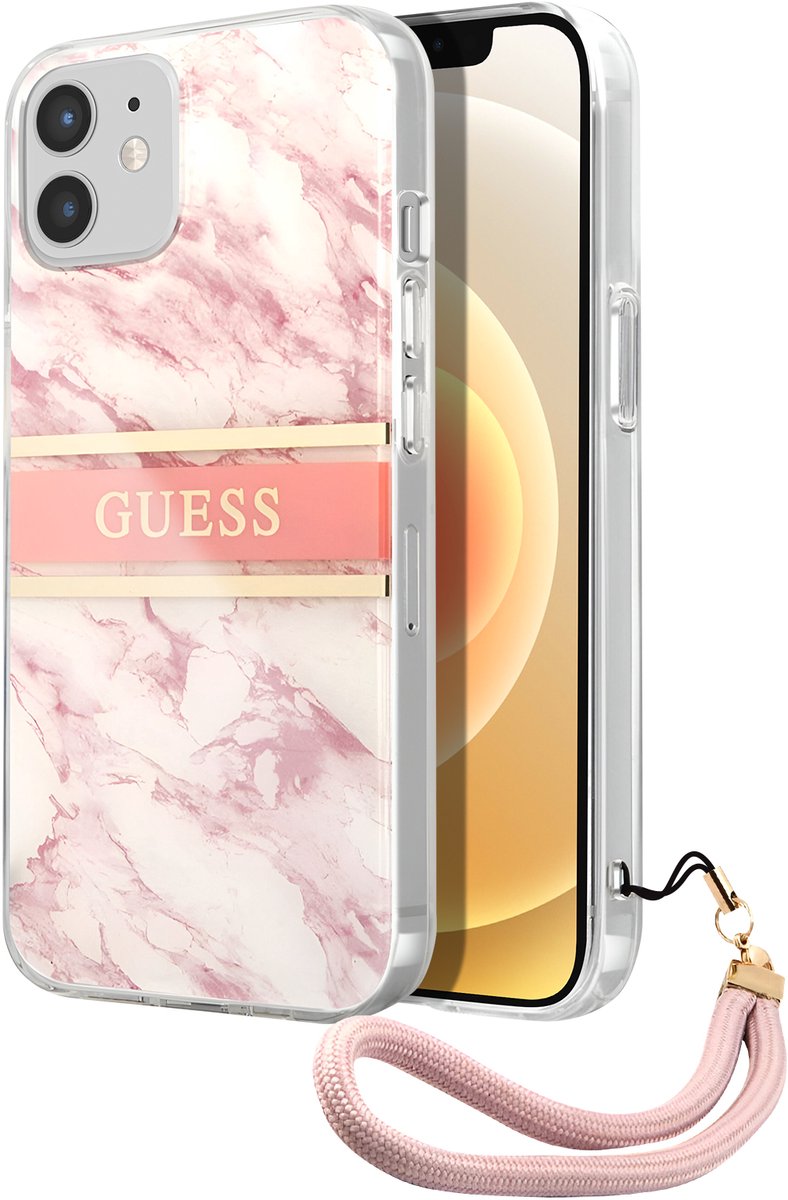 GUESS, Hardcase Geschikt voor Apple iPhone 12 / 12 Pro Marble Strap, Roze