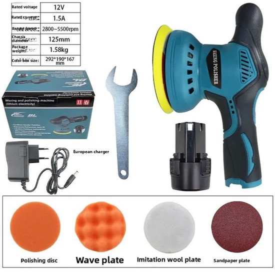 Een complete set van een blauwe draadloze polijstmachine, met 12V batterij, Europese oplader, diverse polijstschijven en een moersleutel.