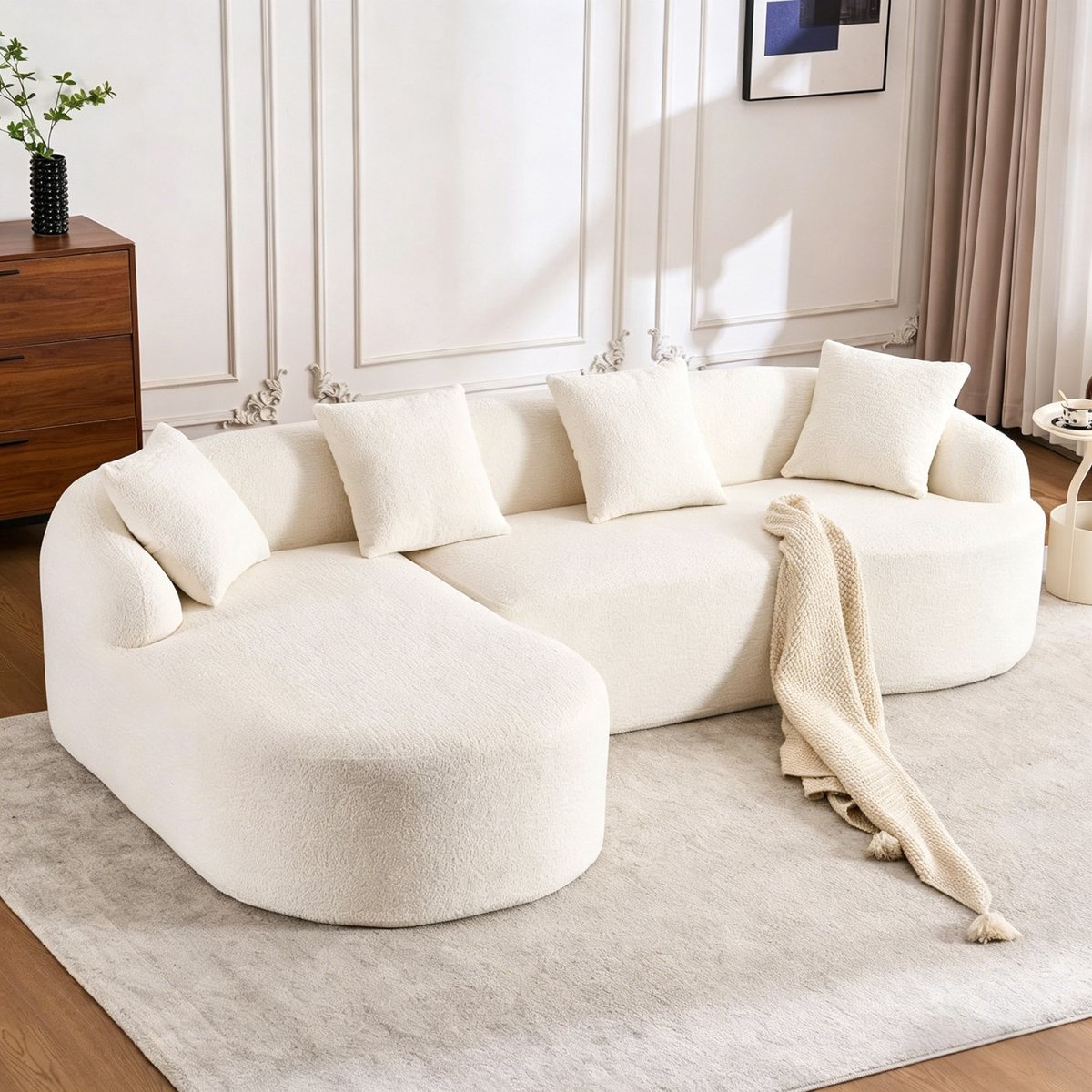 Zubaliya L-Bank, 3-Zitsbank, Moderne Hoekbank, Modulaire Gebogen Bank – Chaise Longue Links + 2-zitsbank, L-vormig, Chenille Bekleding, Geen Montage Nodig, Comfortabel en Stijlvol voor Woonkamer, Appartement en Kantoor-Beige