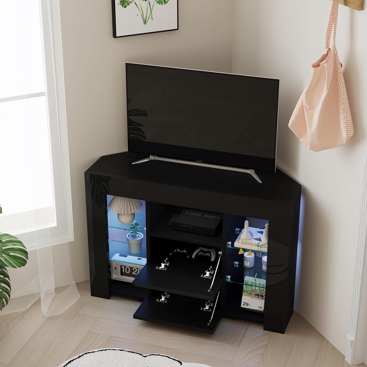 LED Hoek TV Meubel High Gloss Zwart Corner Cabinet 100 x 68 x 40 cm met Opbergruimte en LED Verlichting voor TV tot 50 inch