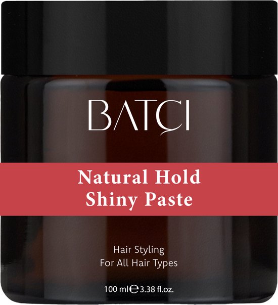 Pot brun avec couvercle noir, étiquette "BATCI Natural Hold Shiny Paste".