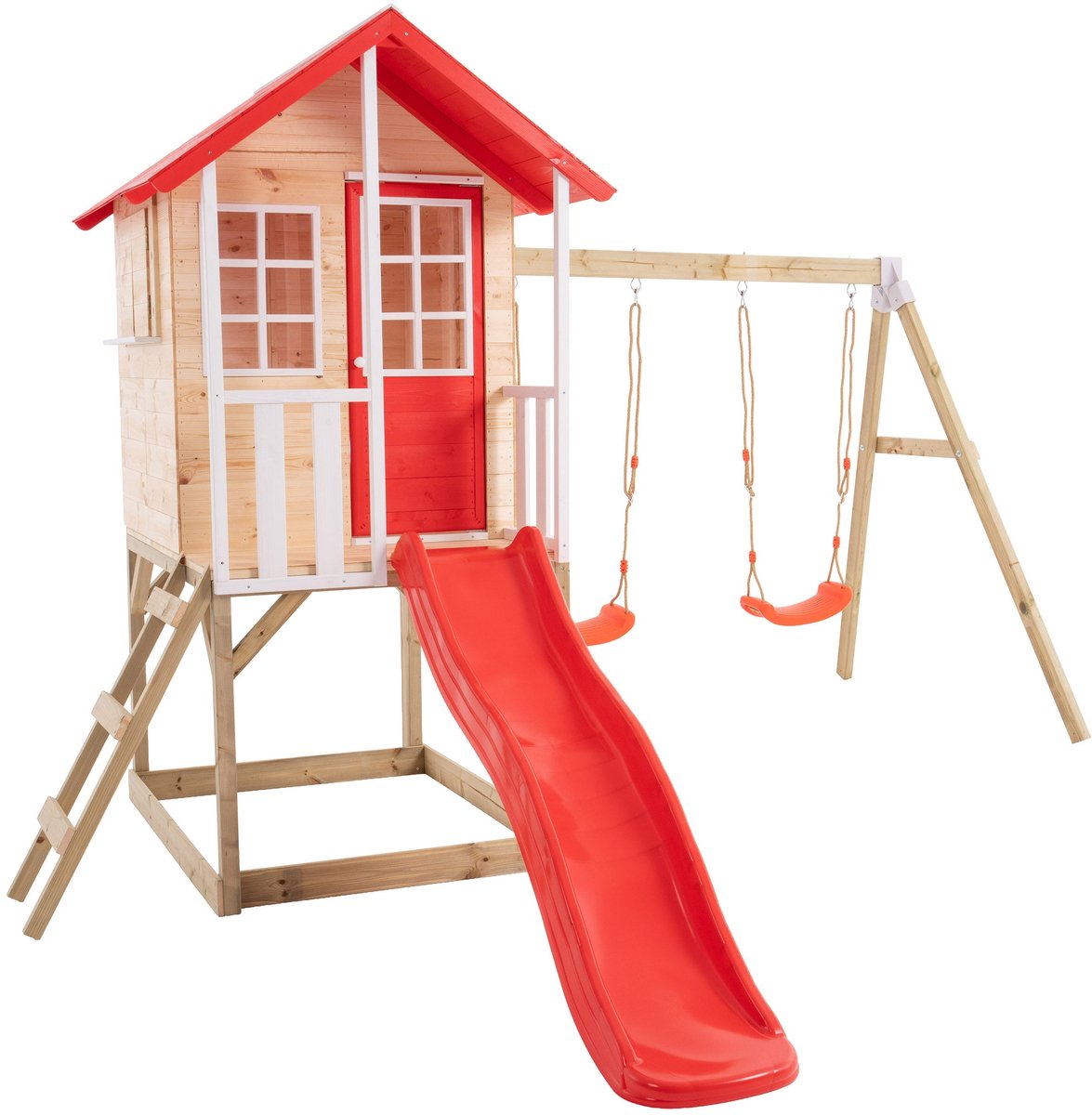 Houten boomhut op palen van FSC®-hout met platform, glijbaan en twee schommels COQUELICOT