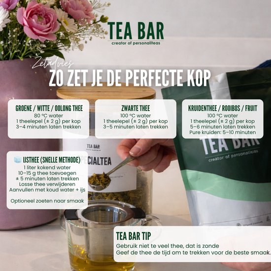 Instructies voor het zetten van thee met "TEA BAR" logo en verschillende theeverpakkingen.