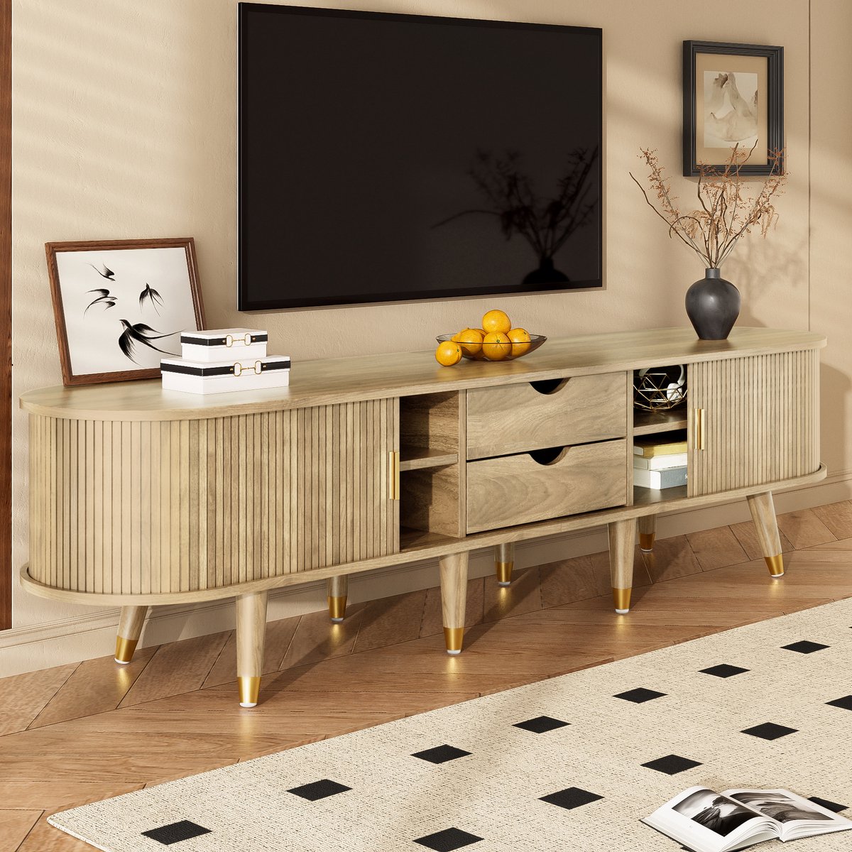 Merax Tv-kast met schuifdeuren - tv-meubel 175x38x45cm - tv-standaard - lage tv-kast - tv-beugel - eik