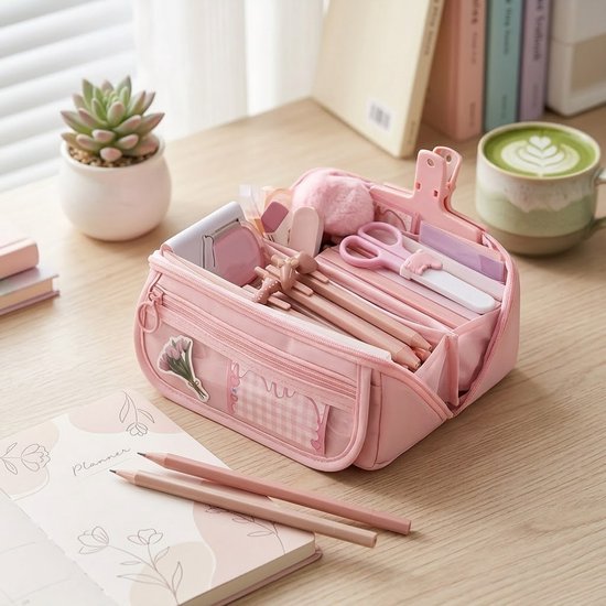 Roze etui met dubbele rits, gevuld met pennen, schaar en andere kantoorspullen. Voorvak met ruitjes en bloemdecoratie. Naast een notitieboek met pennen.