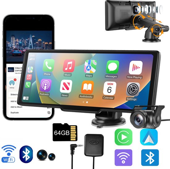 ESSGOO 10,26″ CarPlay Android Auto scherm met GPS, 4K dashcam, touchscreen, Bluetooth, FM, AUX, 64GB kaart