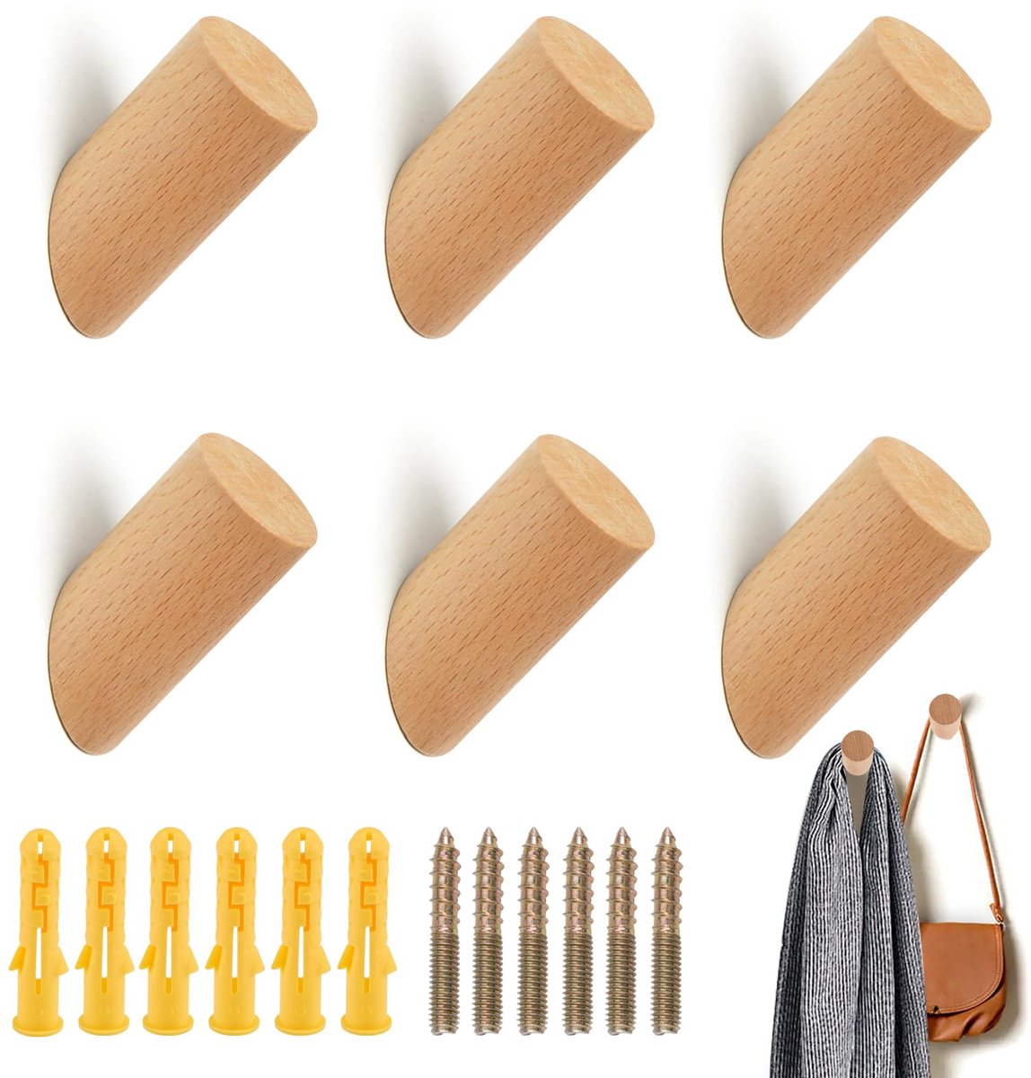 carmdering - Houten Wandhaak - Massief Beuken Hanger - Scandinavische Kapstok - 45° Hoek Design - Draagkracht Tot 15 Kg - Natuurlijk Massief Hout - Glad Afgewerkt - Ruimtebesparend Ordenen - 6 Stuks