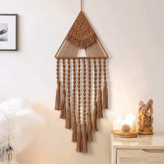 Macramé wandtapijt, handgeweven wandtapijt, dromenvanger, driehoek, kwast, Boheemse kunst, geometrische kunst, handgemaakte wandbekleding voor muur, woning, feest, slaapkamer