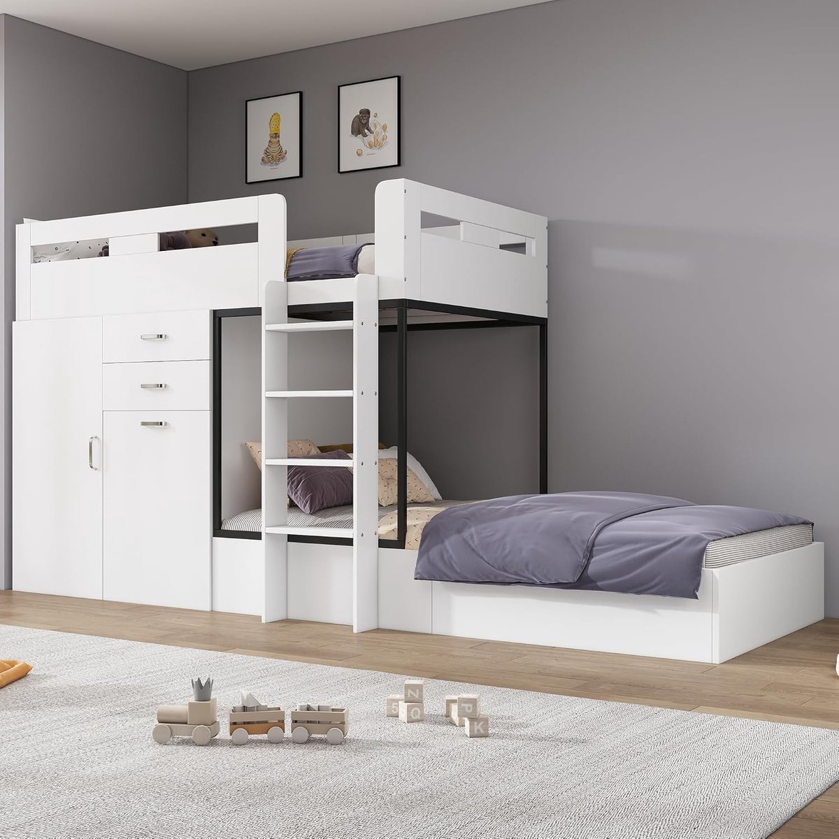 Hoogslaper Stapelbed 90x200 cm met Uitschuifbaar Bureau, Kledingkast, Lade en Opbergplanken – Multifunctioneel Kinderbed Ruimtebesparend MDF Wit – Laura