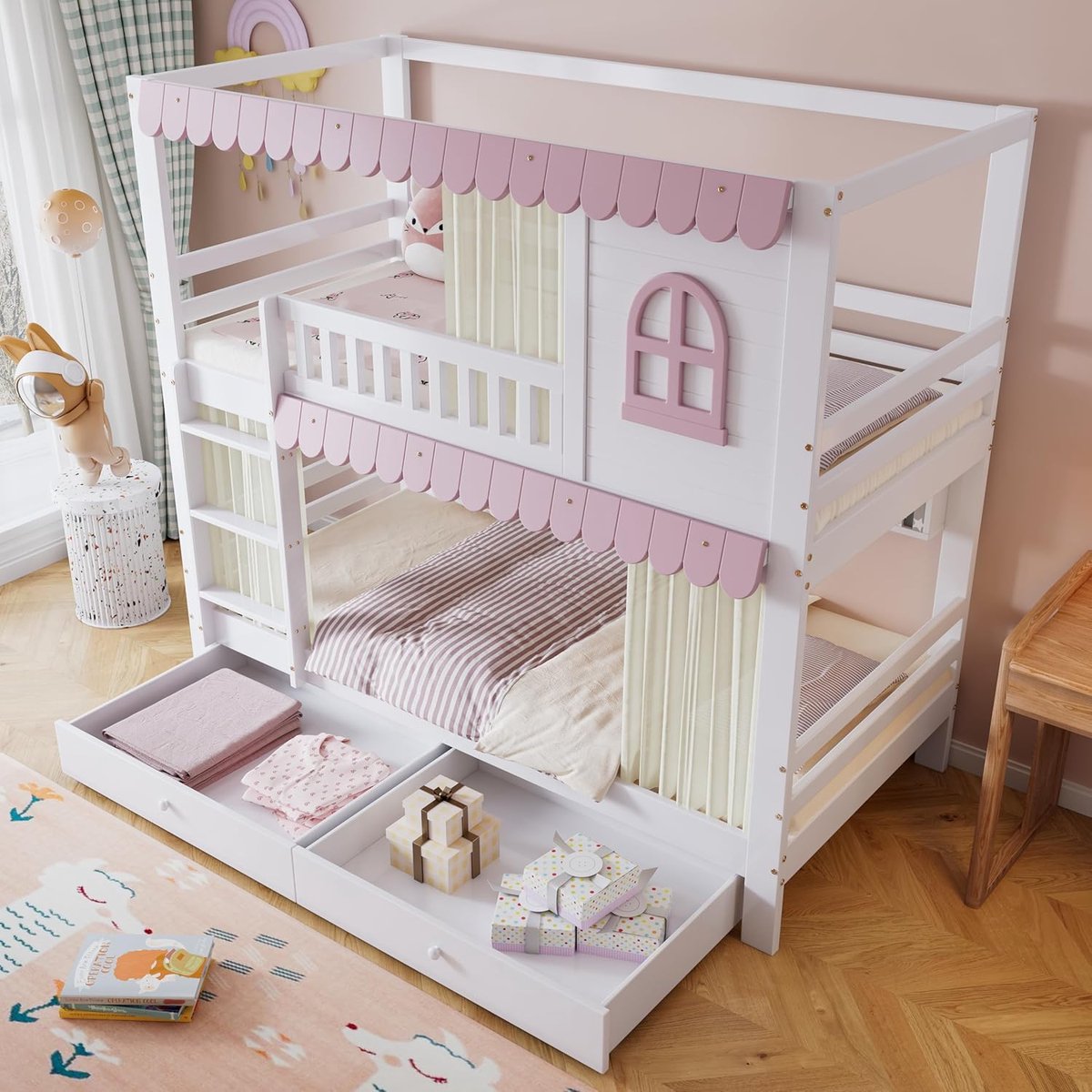 Stapelbed Hoogslaper 90x200 cm Kinderbed voor 2 Kinderen met Opberglades, Trap, Ramen, Valbeveiliging, Open Opbergrekken en Bedgordijn – Wit & Roze Modern Design – Laura