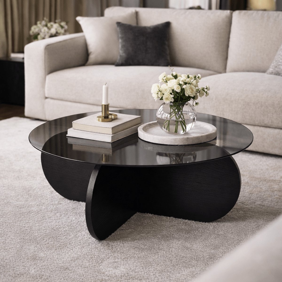 Dimehouse Ronde salontafel Aris zwart melamine en rookglas 75 cm - 75 x 75 x 35 cm - Hout - Japandi - Ovaal