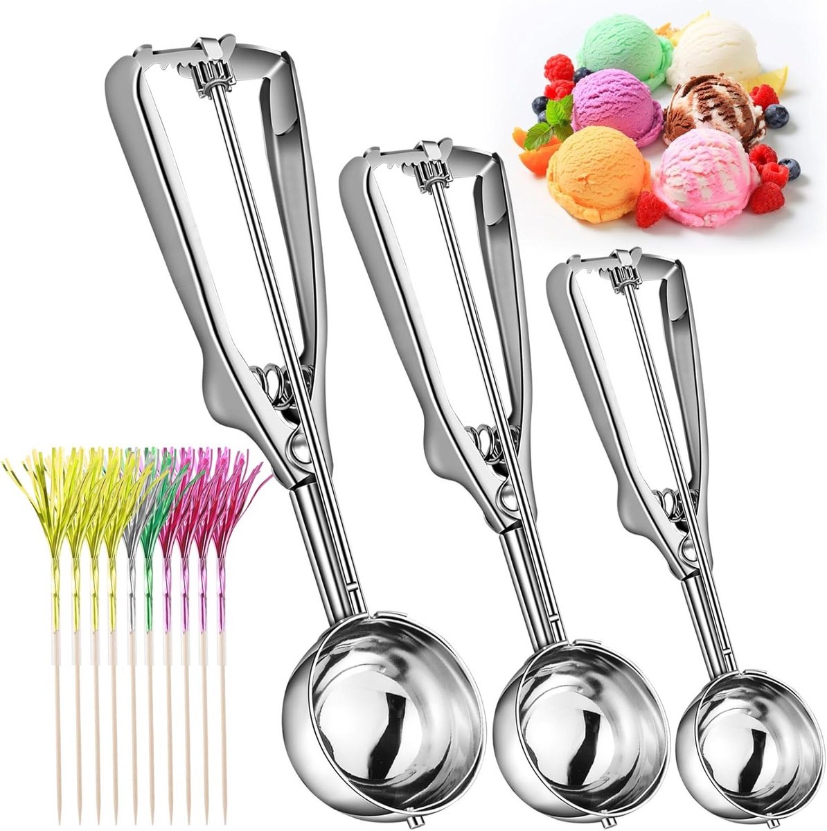 Set van 3 RVS IJslepels - Perfect voor IJs, Meloen, Gehaktballen en Aardappelpuree