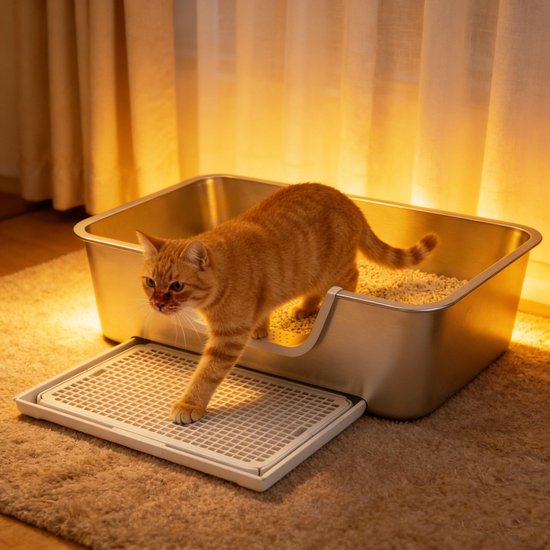 Een oranje kat stapt uit een roestvrijstalen kattenbak met een lage instap, verlicht door warme avondverlichting.