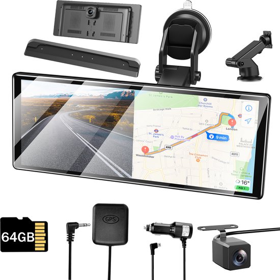 ESSGOO 11,3″ draagbaar CarPlay Android Auto scherm met GPS, voor- en achtercamera, touchscreen, 64GB geheugen