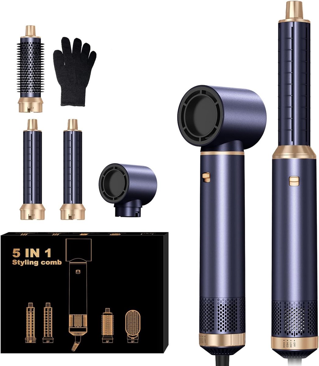 5-in-1 Hairstyler - 1000W Haardroogborstel 60.000 RPM - Krultang met Luchtstroom - Negatieve Ionen voor Glanzend Haar - Drogen en Stylen