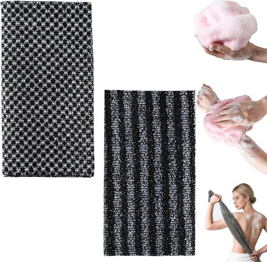 Rugscrubber - Exfoliërende doek - Douchedoek - Scrubdoek voor lichaam - Lange washand - Diepe reiniging - Voor de rug en huid - Voor onder de douche en in bad - Zacht en effectief - 2 stuks - Zwart-wit geruit/Zwart gestreept