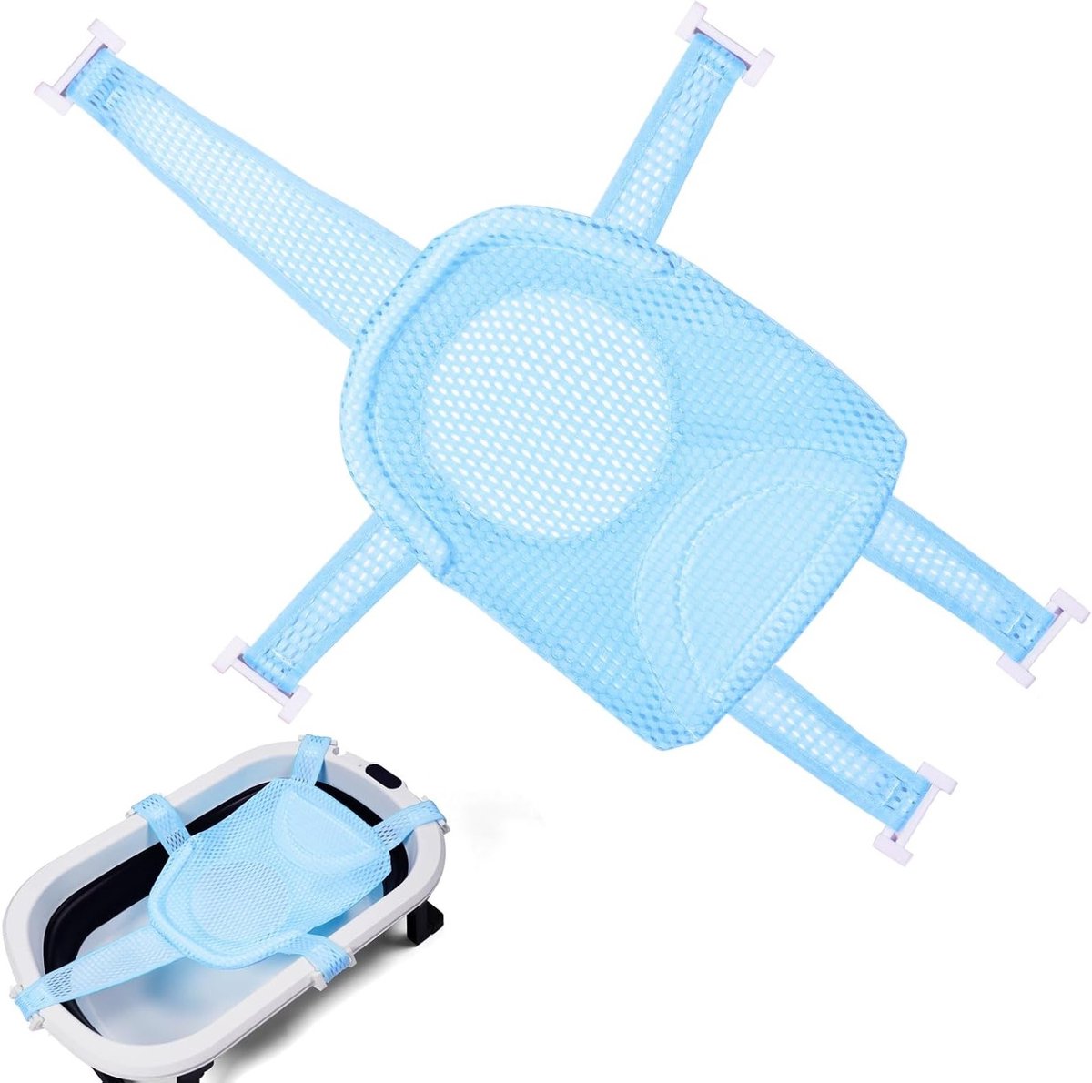 Verstelbaar Baby Badkussen met Antislip Badnet, Geschikt voor Pasgeborenen tot 3 Jaar, Comfortabele Badmat in Blauw