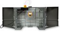Grijze bovenfreestafel van onderen gezien, met de metalen onderconstructie en de elektrische aansluitingen.