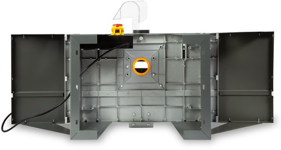 Grijze bovenfreestafel van onderen gezien, met de metalen onderconstructie en de elektrische aansluitingen.