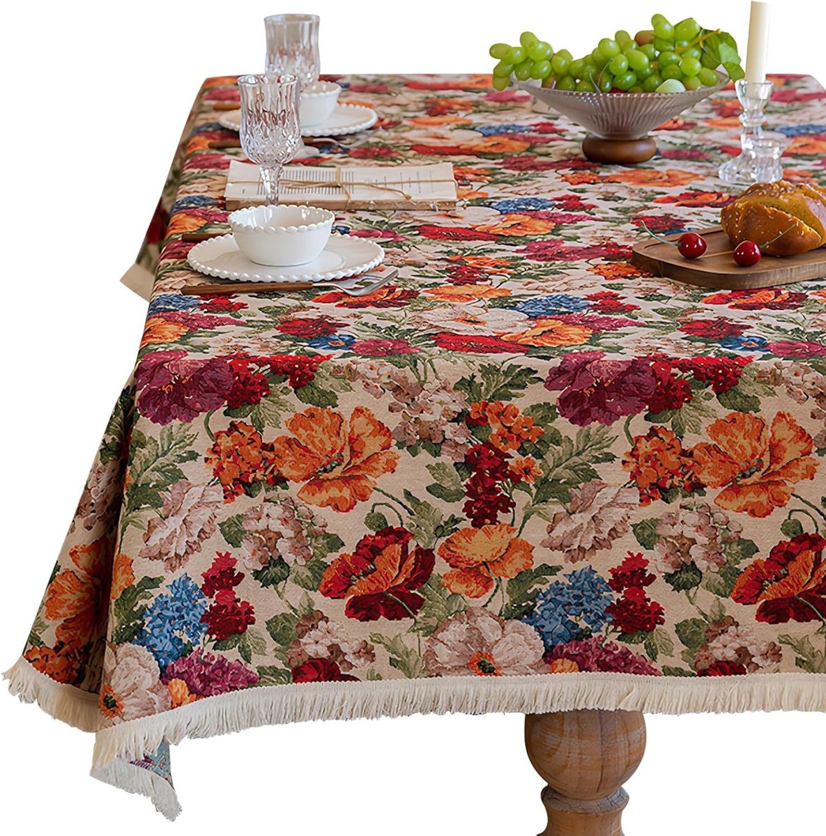 Elegante tafelkleed met bloemenpatroon 140 × 180 cm van katoen en linnen, met kwasten in landelijke stijl voor een sfeervolle inrichting