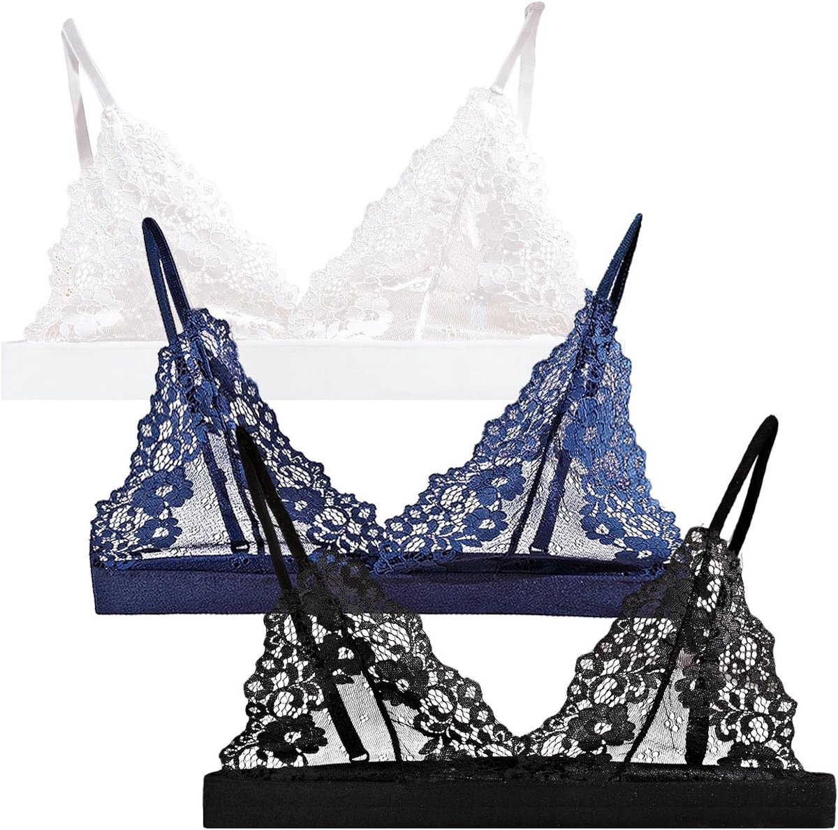 3-delige Kanten Bh Set voor Dames - Transparante Bh zonder Beugel met Driehoek Cup en Push Up Effect - Sexy Balconette in Maten S-L