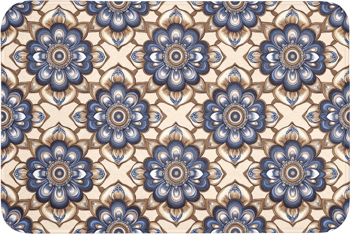 WC mat 90x60 cm - Antislip - Floraal - Ornament - Blauw - Toiletmat - Vloermat - Douchemat