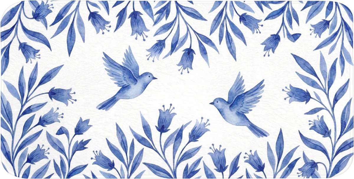 Badmat 120x60 cm - Antislip - Modern - Vogels - Delfts - Blauw - Badmatten voor badkamer - Badkamermat - Douchemat - Badkamer mat