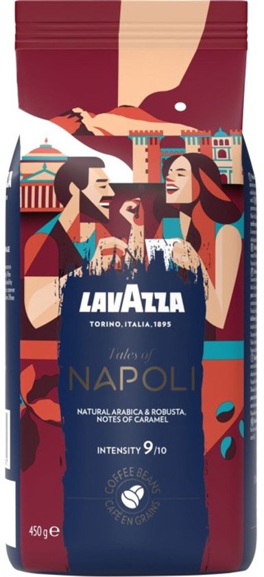Lavazza Tales of Napoli koffiebonen, 450g. Met afbeelding van een koppel in Napels. Intensiteit 9/10, karameltonen.