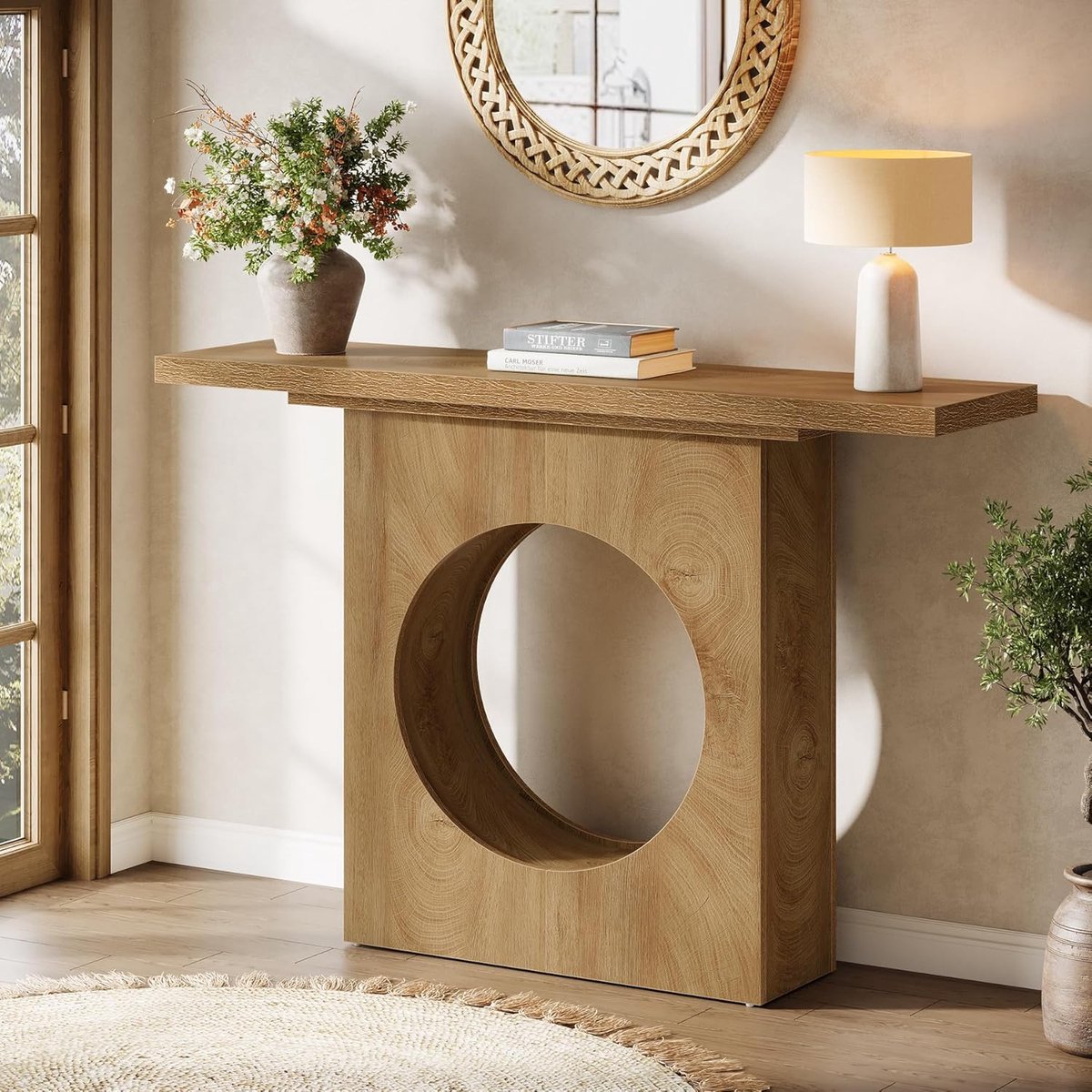 Tribesigns Consoletafe - Rustieke Houten Sidetable met ronde opbergruimte - Bruin - 105 x 30 x 80 cm - Console Tafel voor Hal, Woonkamer, Entree