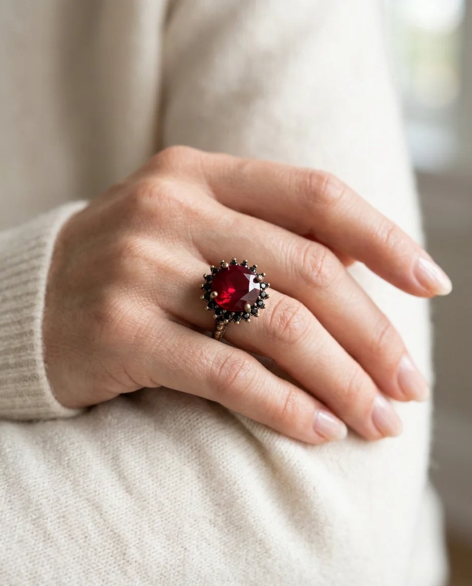 Dorvina Vintage Dames Ring Bronzen Authentiek Sieraad Rood Kristallen Steen Rond Kesim Kroon Model Verstelbaar