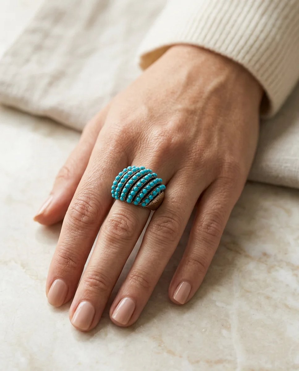 Dorvina Bronzen Vintage Dames Ring Authentiek Sieraad Turkoois Steen Bombeli Model Verstelbaar
