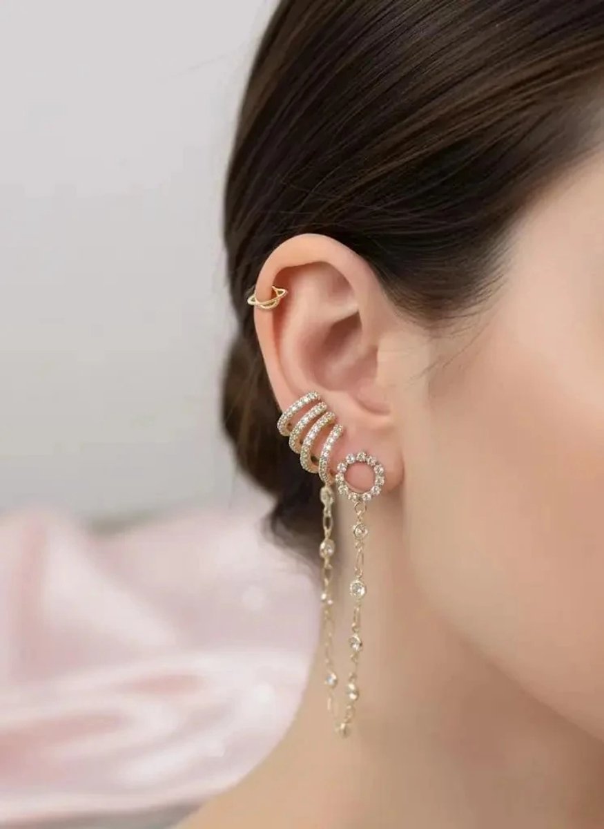 Dorvina Earcuff Kraakbeen Oorbel Messing Zirkonia Hangende Zincirli Goudkleurig Suyolu Model Dames Oorbellen Seti