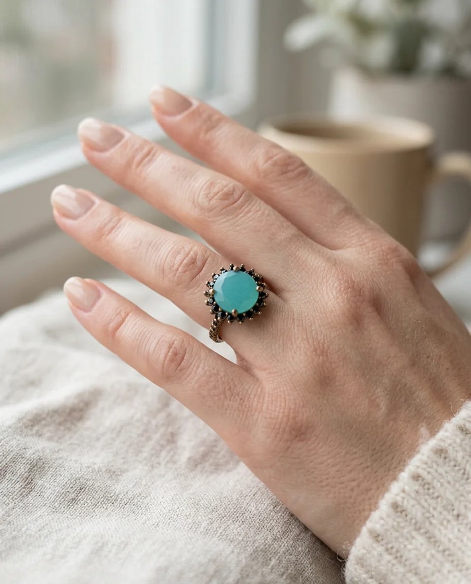 Dorvina Bronzen Sieraad Authentiek Sieraad Groen Kalsedon Steen Rond Kesim Kroon Model Verstelbaar Vintage Dames Ring