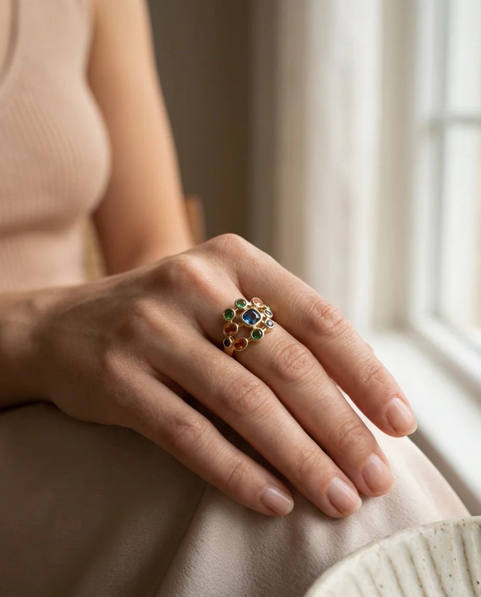 Dorvina 316L Staal Ring Goudkleurig Gekleurde Steen Uzum Model Verstelbaar Vintage Dames Ring