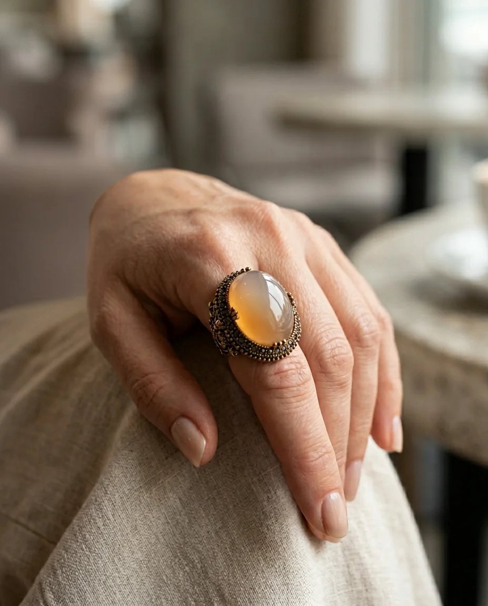 Dorvina Bronzen Dames Antiek Sieraad Ring Kristal Akik Steen Ovaal Model Verstelbaar Vintage Ring