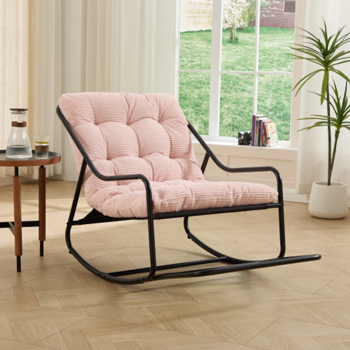 Buiten schommelstoel, comfortabel kussen, met zacht dik kussen, voor woonkamer, slaapkamer, leeskamer, Zwart frame met Licht Roze kussen（Corduroy fabric）