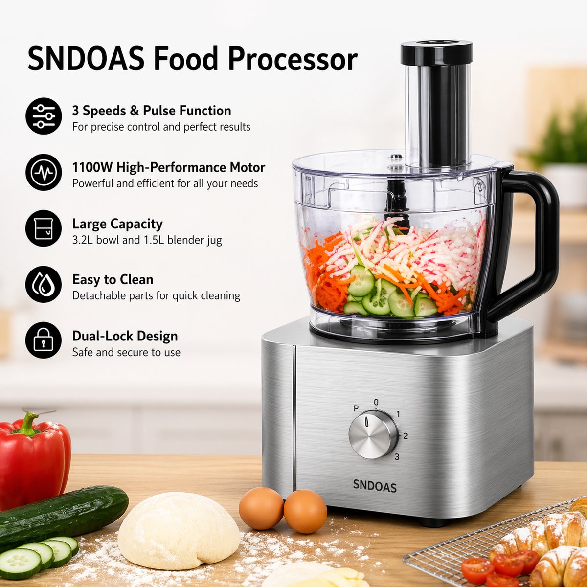Hennova Keukenmachine - Blender - Mixer - Foodprocessor - Antislip voetjes - Gemakkelijk te gebruiken - Verschillende snelheden - 1100W - Zilver — afbeelding 4