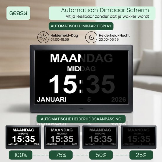 Een digitaal display met automatische helderheidsaanpassing, toonbaar in verschillende helderheidsniveaus van 100% tot 25%.